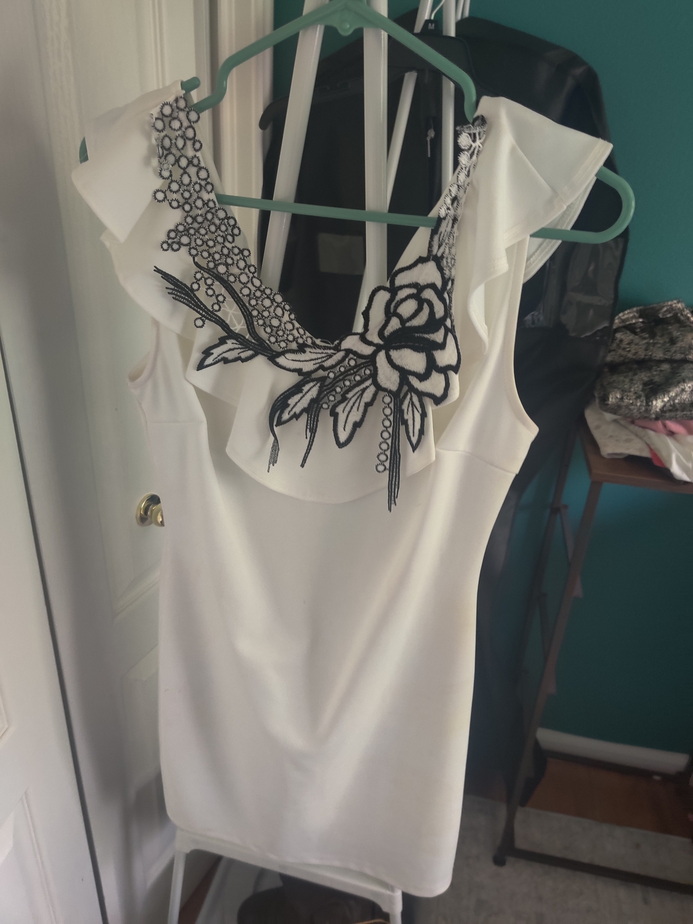 Symphony White Mini Dress with Black Floral Appliqué